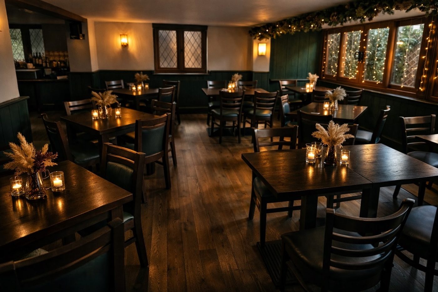 The warm, candlelit bar at The Yew Tree