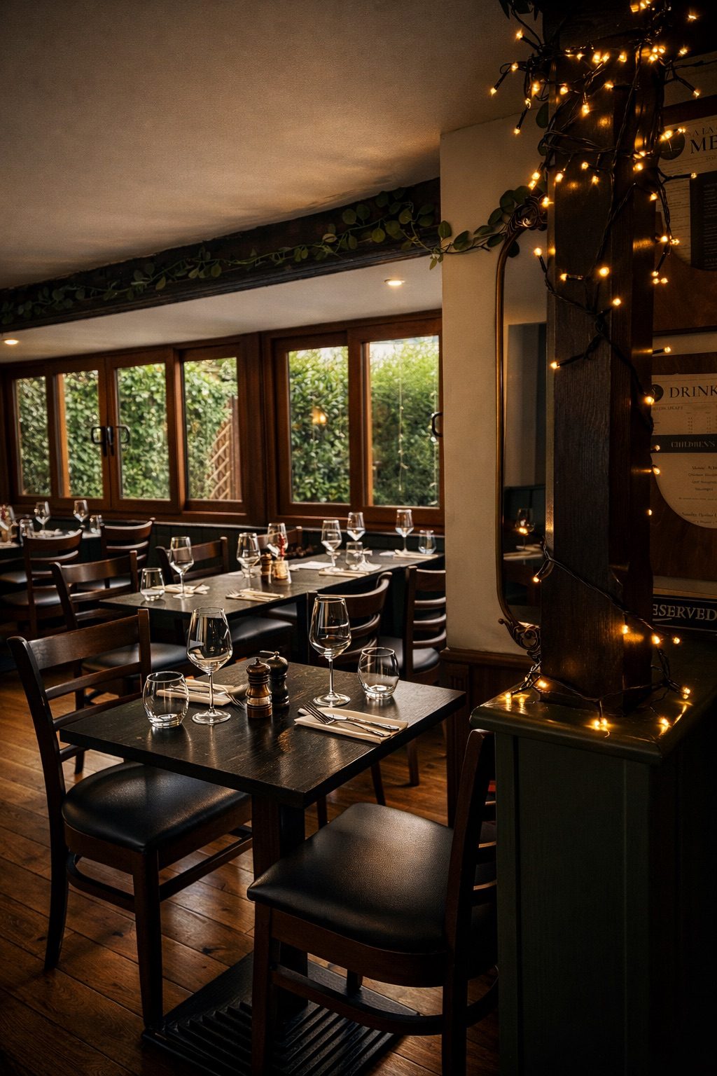 Candlelit dining room with dark green walls at The Yew Tree